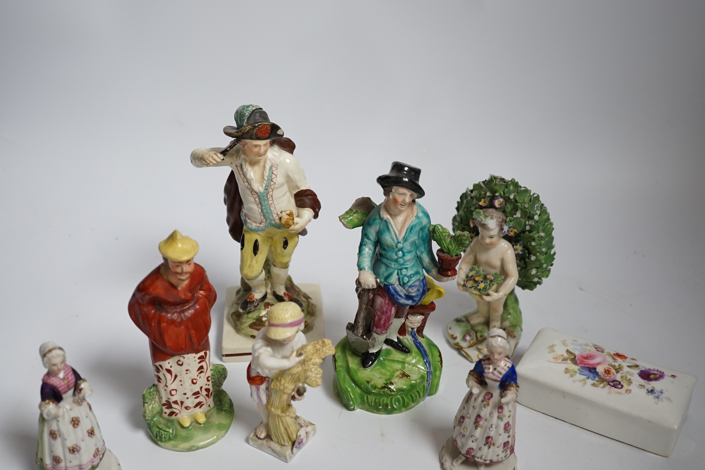 A group of early 19th century and later Staffordshire and other figures, Staffordshire enamel boxes etc, largest 17cm high